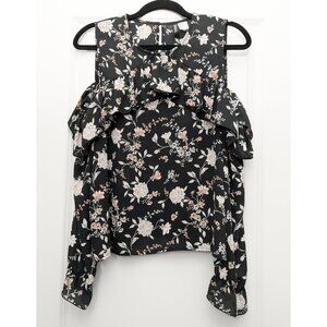 Floral Print Cold Shoulder Blouse w/ Ruffles - Gothic Bohemian, Hippie, Boho